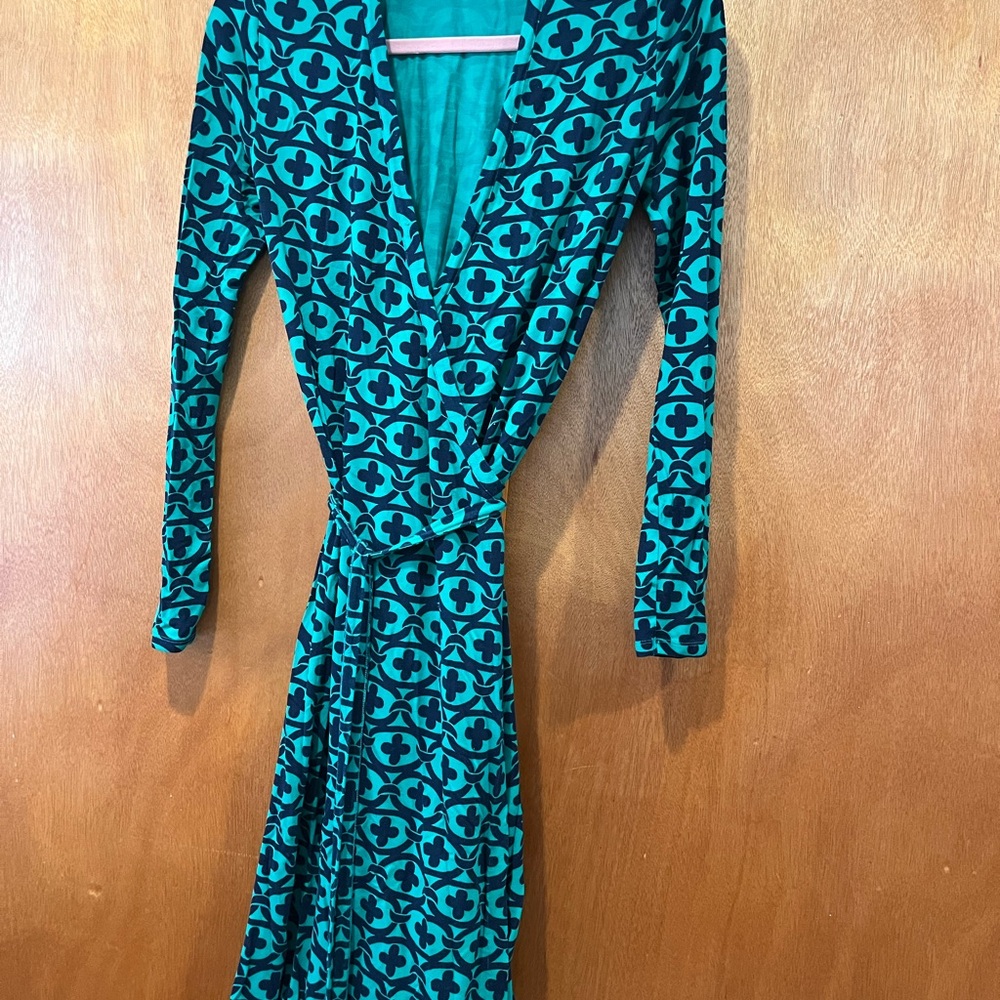 Boden Blue Sheath Dress Long Sleeve Plunge Neckline Wrap Dress
